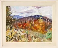 David Little, View from Paradise Hill, Bethel, Maine, Oil on canvas colorful scene shows hills and trees in a fall colorful landscape