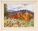 David Little, View from Paradise Hill, Bethel, Maine, Oil on canvas colorful scene shows hills and trees in a fall colorful landscape