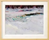 David Little, Snow Melt-East Branch 1994, Colorful impressionistic oil on canvas winter scene shows a stream through snow covered banks with forest beyond