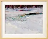 David Little, Snow Melt-East Branch 1994, Colorful impressionistic oil on canvas winter scene shows a stream through snow covered banks with forest beyond