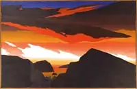 Howard Clifford, Surface Series V, Large oil on canvas modern coastal scene shows coastline with islands having a flame colored clouds under a blue sky