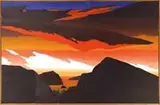 Howard Clifford, Surface Series V, Large oil on canvas modern coastal scene shows coastline with islands having a flame colored clouds under a blue sky