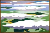 Howard Clifford, Cloud Series Xxxxi, Large oil on canvas aerial view looking through white and gray clouds across coastal land towards islands and water