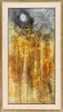 William Thon, Golden Autumn, Oil on Masonite abstract landscape scene shows a golden forest under full moon