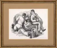 Waldo Peirce, The Sailor Dance, Charcoal/graphite sketch of a sailor in dancing move with a young woman while another sailor sits atop a table watching