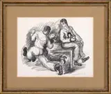 Waldo Peirce, The Sailor Dance, Charcoal/graphite sketch of a sailor in dancing move with a young woman while another sailor sits atop a table watching