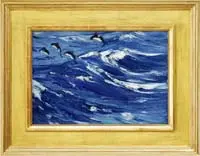 Charles Herbert Woodbury, Porpoises at Play, Outstanding oil on canvasboard seascape shows four leaping porpoises in a white capped blue wave ocean