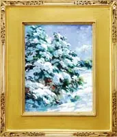 Keith Oehmig, Early Snow, Oil on canvas Maine scene shows the results of a heavy snow showing snow covered trees and ground under blue sky