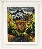 Philip Barter, Lead Mountain from the Airline (Rte 9), Oil on canvasboard colorful landscape scene shows a road leading through colorful trees toward a mountain