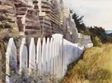 Joyce Williams, Picket Fence, Monhegan, Watercolor scene shows a white long picket fence with stacked lobster traps behind it. Grass and trees leading to water