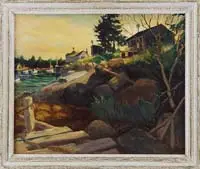 Raymond A Ewing, Birdhouse Bay, Desert Island, Maine, Oil on canvas scene shows a cove with moored sail and lobster boats, fishing shacks, lobster traps and wharf