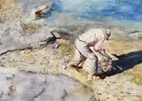 Joyce Williams, Cleaning the Fish, Outstanding watercolor scene shows a Maine fisherman on the edge of a pebble beach cleaning a fish on top of a crate