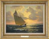 Joseph M. Arentz, Sailing in the Sunset, Oil on board seascape shows a two-masted schooner sailing left to right with a bright sunset sky with clouds