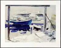 David Millard, Lobster Boats, Watercolor and pencil harbor scene shows several lobster boats moored near dock