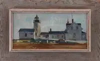 Antonio Pietro Martino, Lighthouse Maine, Oil on board view of Pemaquid Lighthouse with its connected buildings