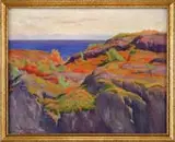 Perkins Cove, Ogunquit Maine by Edward Reynolds Kingsbury, Oil on canvas coastline view shows blue water beyond rocks with colorful vegetation, sold Aug 2009