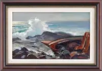 Stephen George Maniatty, Monhegan Island, Oil on canvasboard coastline scene shows a wave crashing onto a rock ledge with an overturned boat hull wreck