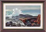 Stephen George Maniatty, Monhegan Island, Oil on canvasboard coastline scene shows a wave crashing onto a rock ledge with an overturned boat hull wreck