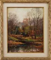 Wayne Beam Morrell, Reflections of Fall, Oil on masonite late fall scene shows a winding brook through trees and grass lined banks with fall colors