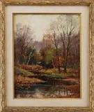 Wayne Beam Morrell, Reflections of Fall, Oil on masonite late fall scene shows a winding brook through trees and grass lined banks with fall colors