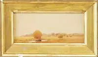 Samuel Peter Rolt Triscott, Haystacks on the Salt Marshes at Hampton, N.H, Small watercolor shows elevated haystacks on flat marsh fields with grass and water