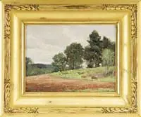 Freshly Plowed by Bernard Corey, Oil on board scene shows two cows alongside a recently plowed field with trees and pasture beyond, sold Aug 2009