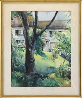 Niles Spencer, Backyard Path, Watercolor landscape scene shows a house with hillside lawn and path