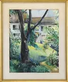 Niles Spencer, Backyard Path, Watercolor landscape scene shows a house with hillside lawn and path