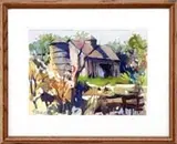 Frank Federico, The Abandoned Barn, Watercolor New England scene shows a barn with cupola having a silo beside in a bright spring landscape
