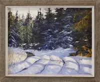 George Carpenter, Maine Winter, Oil on canvas laid on masonite winter scene shows a curving stream with snow lined banks surrounded by evergreens