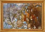 Unsigned, House in Winter, Interesting cubist style oil on canvas landscape with trees, connected house and sky