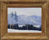 Hal Robinson, Winter Landscape, Oil on board scene shows a snow-covered ground looking over woods and lake to blue mountains