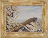 Joseph R. Barr, The Summit, Oil on canvasboard scene shows a dirt path/road ending at the top of a mountain with rock cliffs and tree