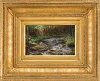 Arthur J. Hammond, Sunlit River, Oil on board New Hampshire scene shows a small river cascading through woods with sunlight streaming in