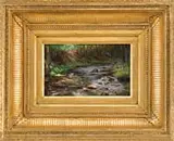 Arthur J. Hammond, Sunlit River, Oil on board New Hampshire scene shows a small river cascading through woods with sunlight streaming in