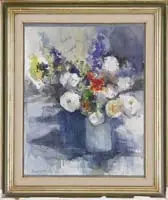 Kees Verwey, Colorful Flower Still Life, Large watercolor tabletop still life shows a cylinder shaped vase with blue, red and white flowers