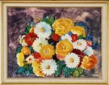 Ruth Jewell, Flower Arrangement, Oil on board colorful bouquet of flowers against a mottled blue background