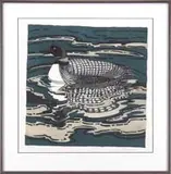 Neil Welliver, Loon, Etching and aquatint on paper scene shows a loon in green water with ripples and reflection below