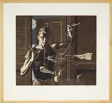 Paul Cadmus, Mobile, Color silkscreen shows a man holding a mobile made of twigs, shells, feather and skull