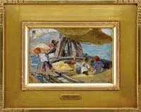 George Elmer Browne, Unloading the Boat, Oil on canvasboard dockside scene shows four men with gangplank unloading bags of produce from boat