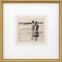 In the Pond by Sears Gallagher, Pencil signed etching Monhegan Island beach scene shows three children at edge of water. Pencil signed lower left, sold Aug 2009