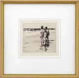 Sears Gallagher, In the Pond, Pencil signed etching Monhegan Island beach scene shows three children at edge of water. Pencil signed lower left