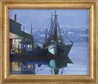 Ben Paulekas, High Noon, Oil on canvas harbor view shows two fishing trawlers and a smaller boat being tended by two fishermen drying nets