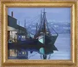 Ben Paulekas, High Noon, Oil on canvas harbor view shows two fishing trawlers and a smaller boat being tended by two fishermen drying nets