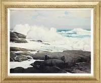 Ralph Iligan, North Shore Surf, Fine oil on canvas coastal scene shows large waves crashing onto a rock ledge under blue and white cloud sky