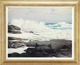 Ralph Iligan, North Shore Surf, Fine oil on canvas coastal scene shows large waves crashing onto a rock ledge under blue and white cloud sky