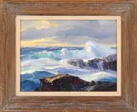 Bennett Schroeder Bradbury, Amber & Jade, Oil on canvas coastal seascape shows colorful waves crashing onto rock ledge under a colorful morning sky