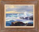 Bennett Schroeder Bradbury, Amber & Jade, Oil on canvas coastal seascape shows colorful waves crashing onto rock ledge under a colorful morning sky