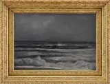 Charles U Boizard, Nocturnal Beach, Oil on board nighttime scene shows waves crashing on to beach in tones of gray