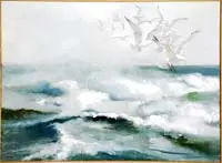 Elizabeth Ruggles, Gulls Feeding, Oil on canvas seascape shows crashing waves with white spray with a small flock of seagulls above